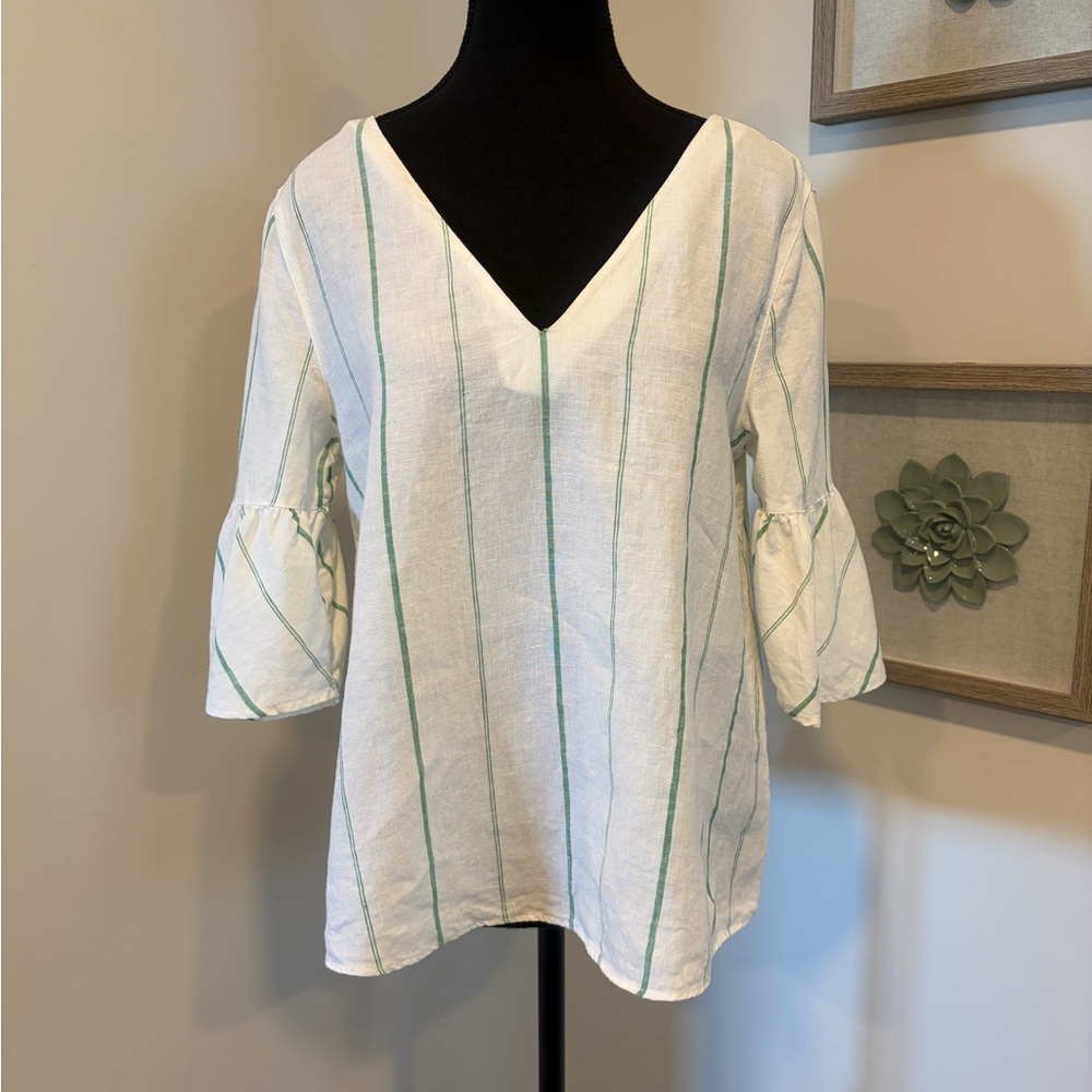 Never Worn! Massimo Dutti White & Green Striped Bell Sleeve 💯 Linen Blouse